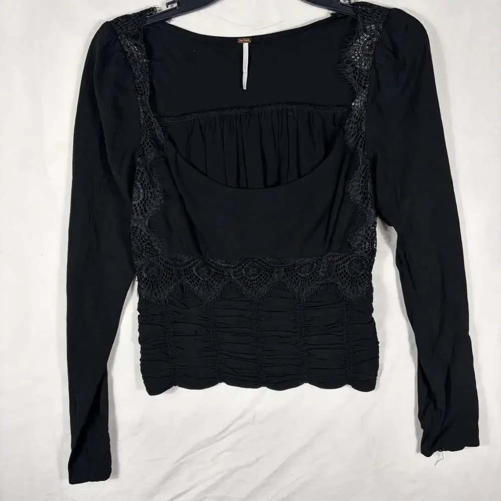 Free People Sweet Mornings Top Size S Black Long Sleeve Lace Corset
